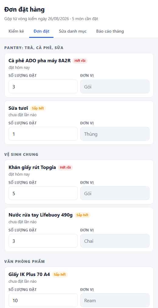 Màn hình đơn đặt hàng tự sinh