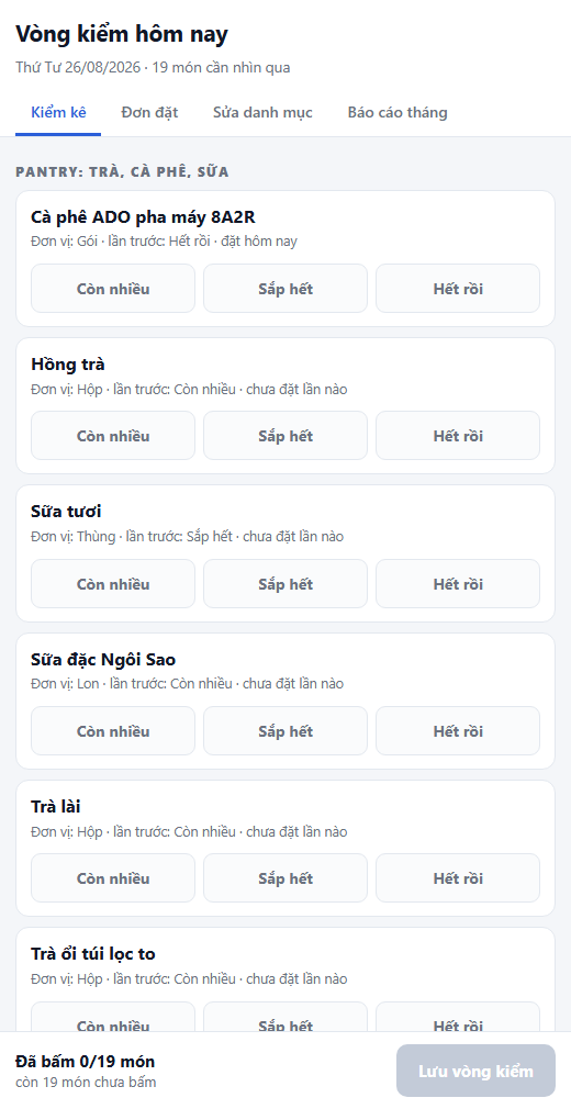 Màn hình kiểm kê trên điện thoại